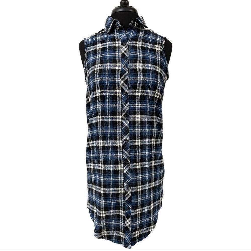 Sans Souci Blue Plaid Sleeveless Button Front Mini Shirt Dress Sz S